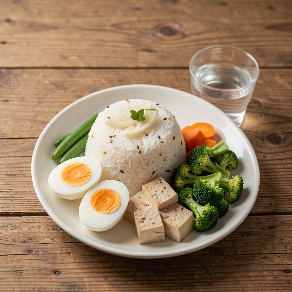 Balanced Indonesian-inspired meal with rice, vegetables, eggs, tofu, and water arranged on a wooden table
