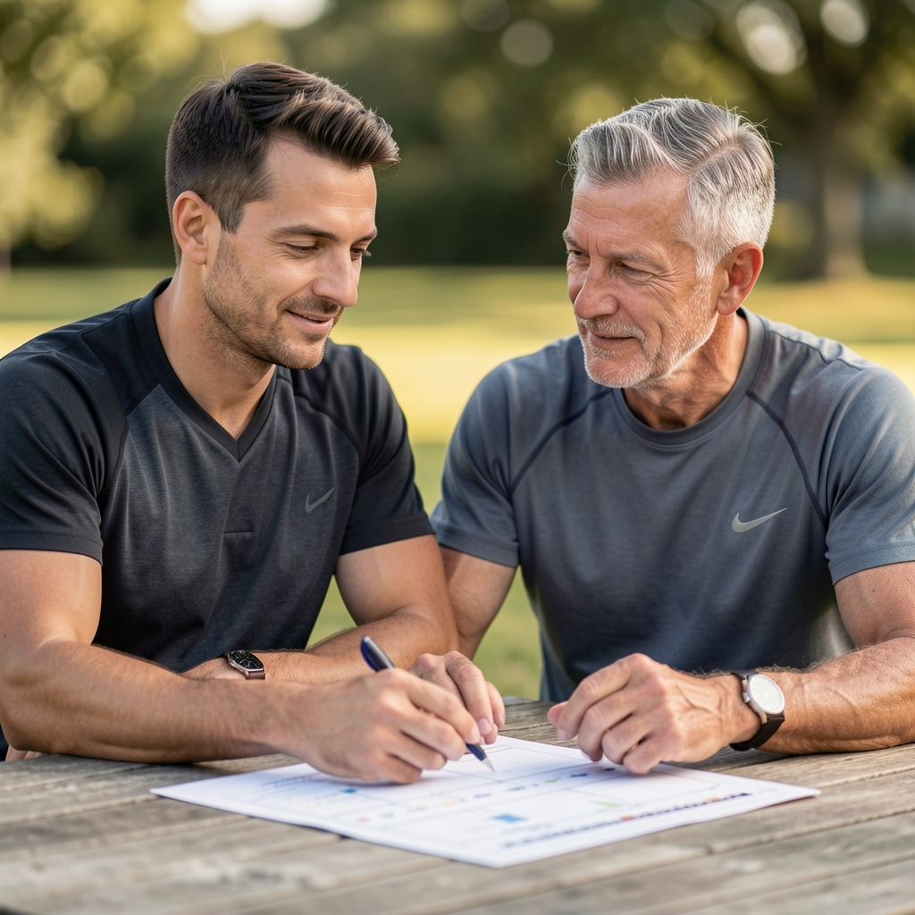 Coach and mature athlete discussing a training chart at a quiet outdoor table