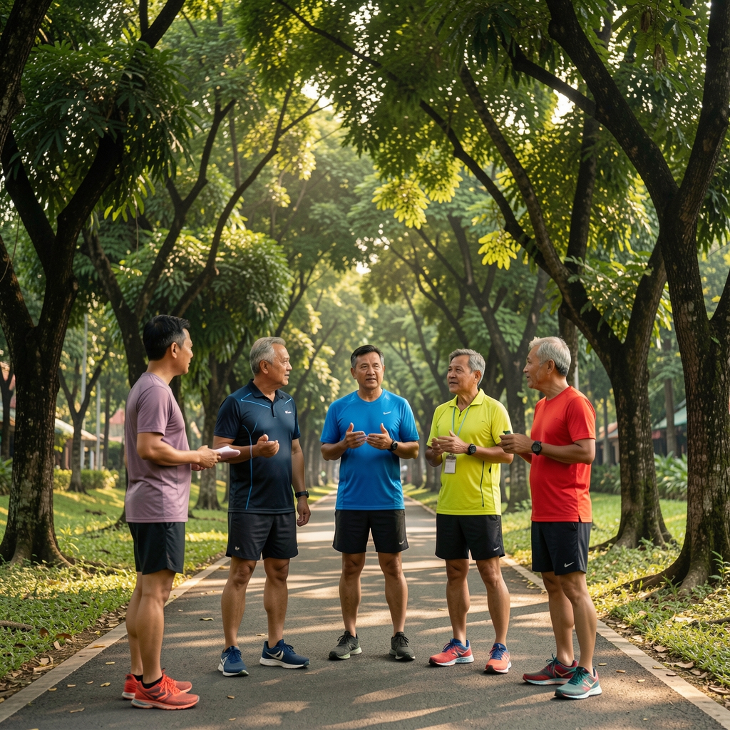 Small group of mature runners discussing a training route under leafy Jakarta trees