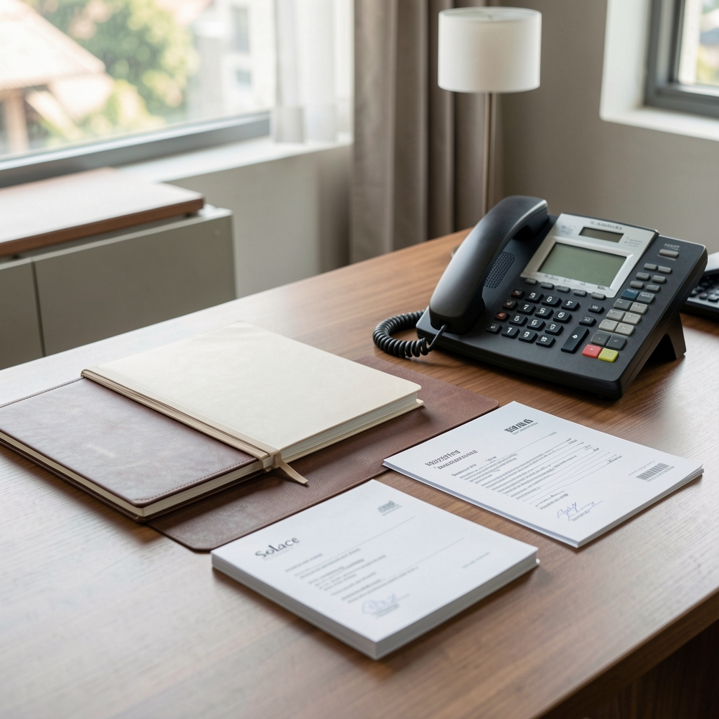 Solace editorial contact desk with notebook, telephone, and carefully arranged correspondence in Jakarta