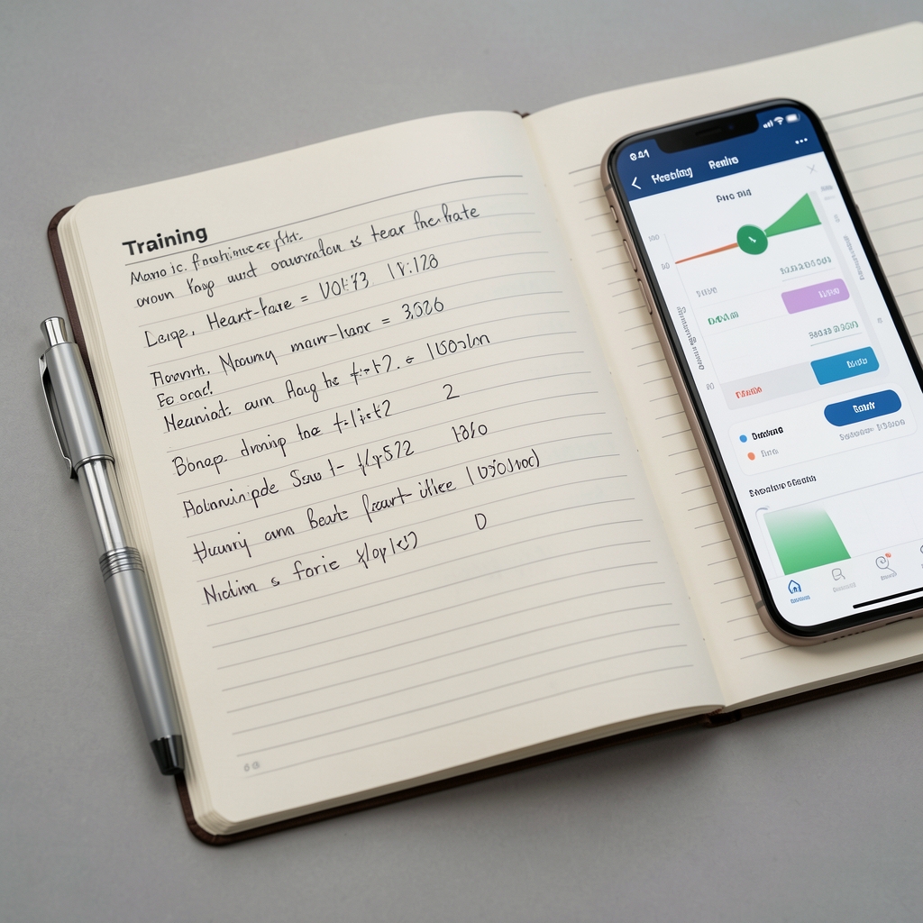 Training notebook with handwritten heart-rate observations beside a pen and smartphone chart