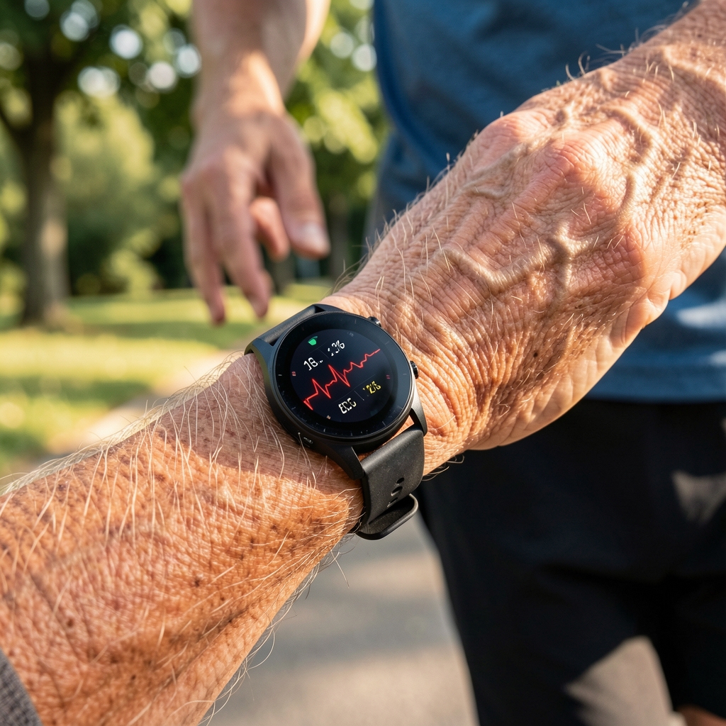 Close view of a fitness watch showing heart-rate data on the wrist of a mature athlete during a walk