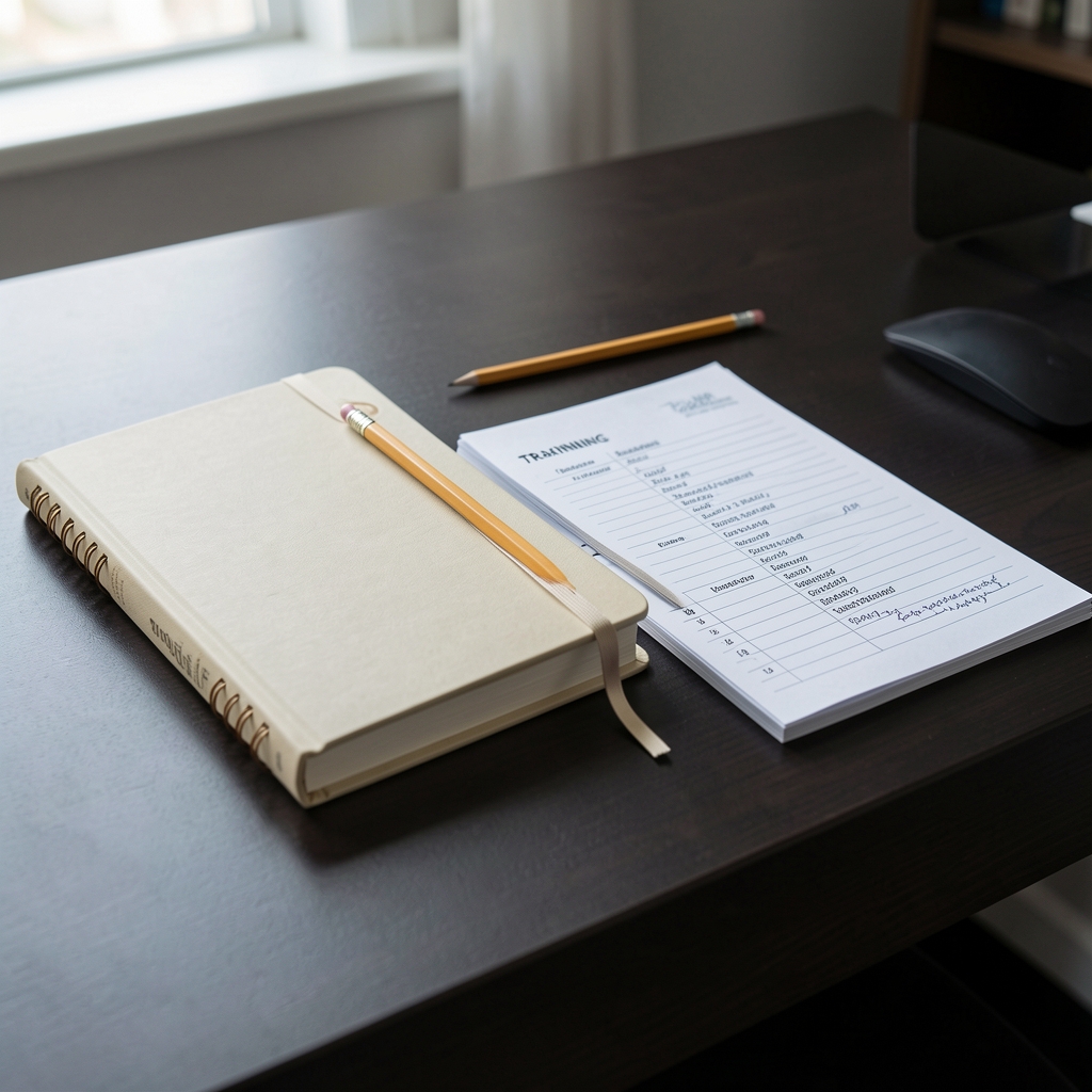Open Solace journal, pencil, and neatly arranged training notes on a dark editorial desk