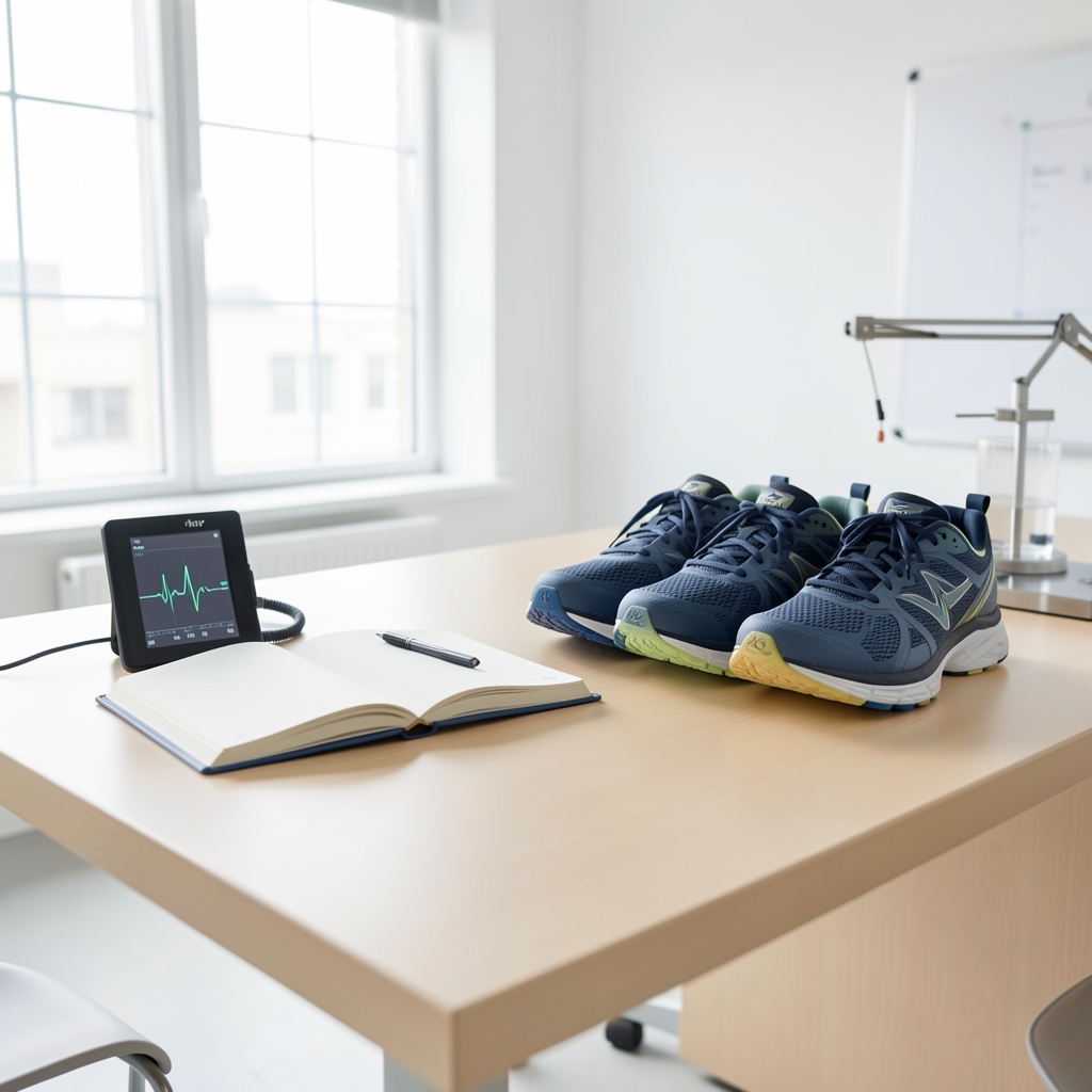 Open physiology notebook beside a heart-rate monitor and running shoes on a research desk