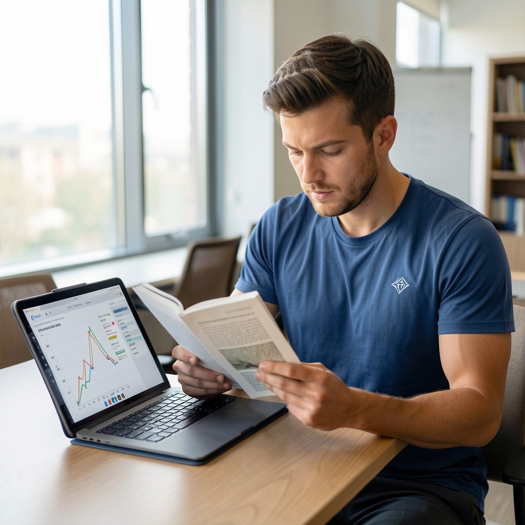 Athletic physiology researcher reading a journal article beside a tablet displaying a training graph