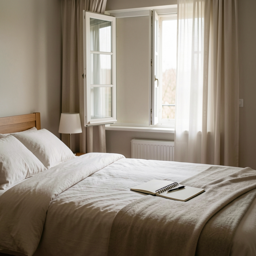 Quiet bedroom with open curtains, simple bedding, and a notebook prepared for an evening routine