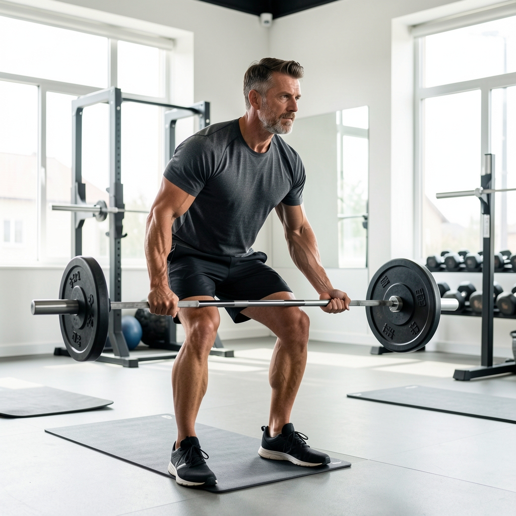 Man over 35 performing a controlled strength exercise with a barbell in a bright training studio