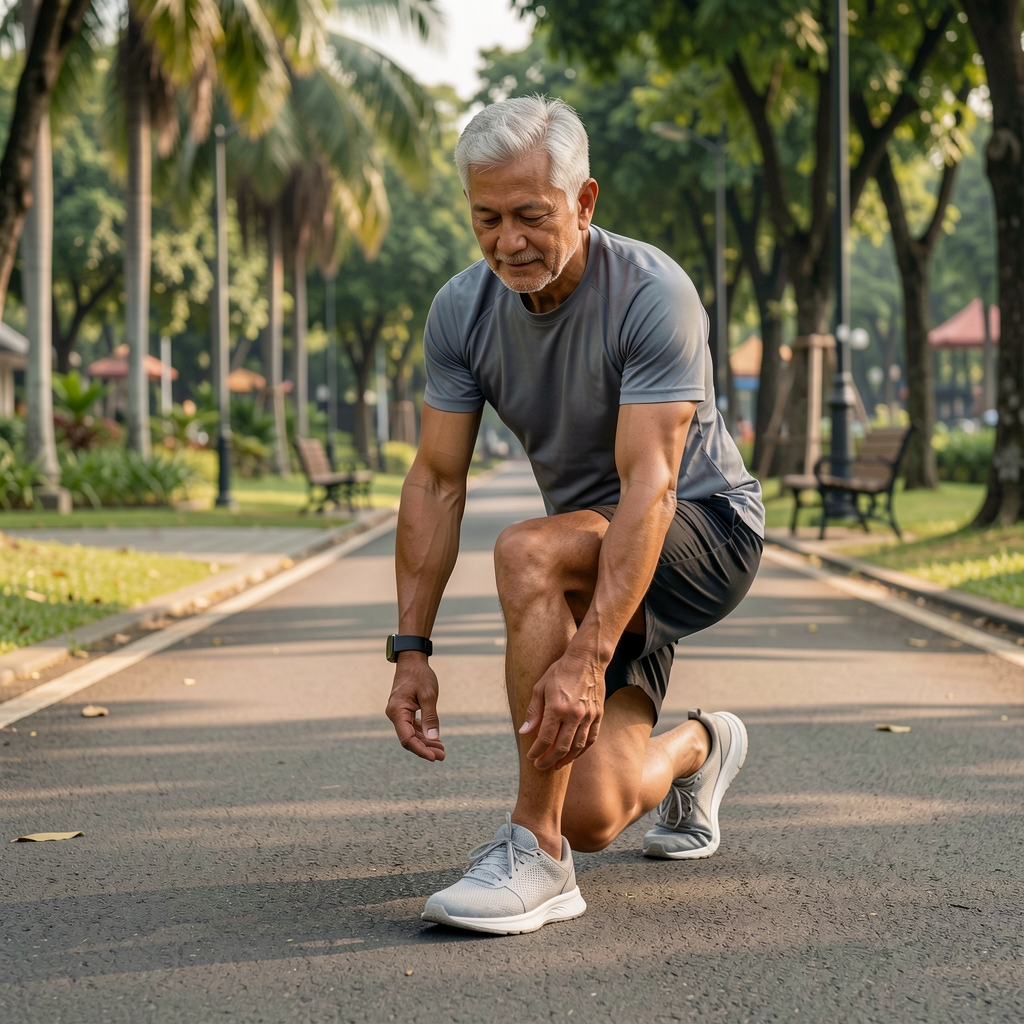 Mature athlete completing a gentle calf and ankle mobility drill beside a Jakarta park path